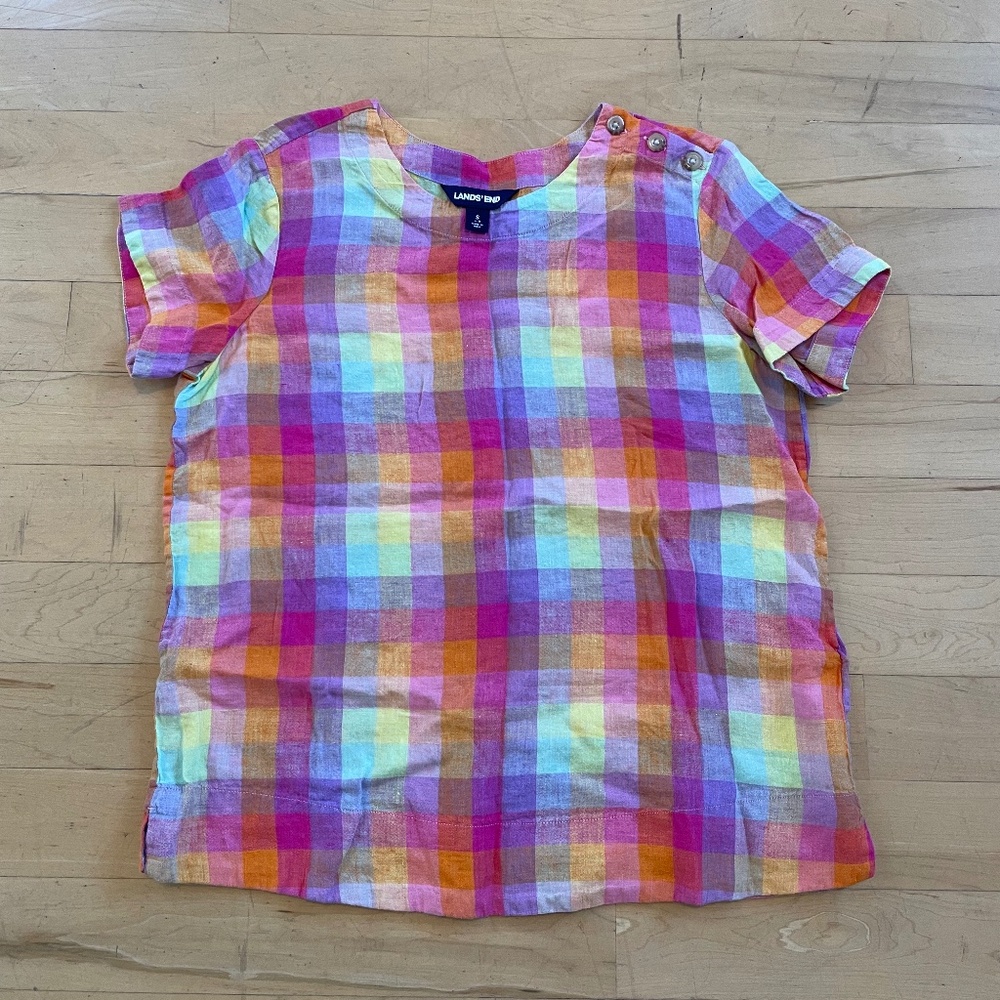 Lands' End Rainbow Plaid Linen Top size small